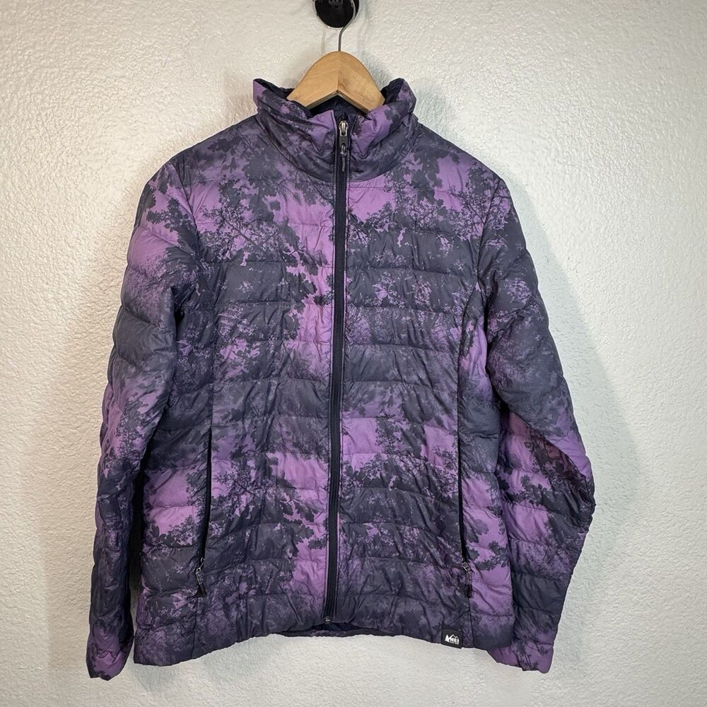 REI Co-Op 650 Down Jacket Puffer Purple Folliage Full Zip Quilted Travel Women M